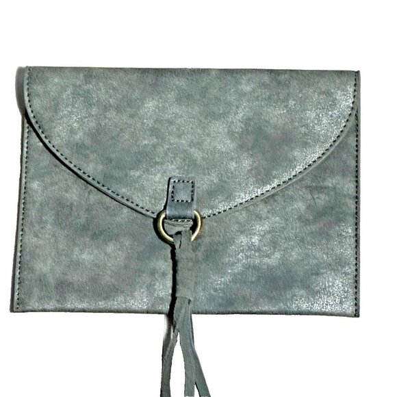 Anthropologie Handbags - Anthropologie Grey Olive Leather Envelope Flap Pouch Clutch Purse Bag Magnetic